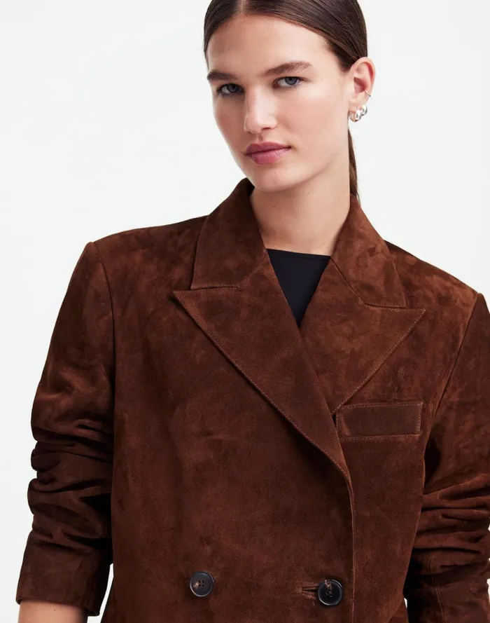 Women Coats Jackets Madewell Alexa Chung For Madewell DoubleBreasted Blazer In Suede Dark Roast Suede