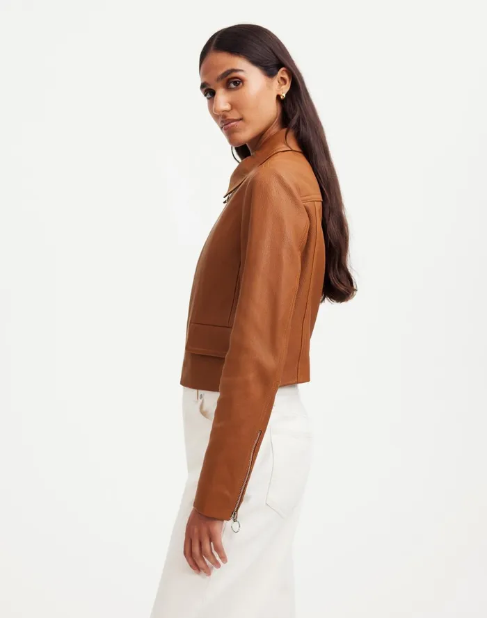 Women Coats Jackets Madewell Shrunken ZipFront Jacket In Leather Cinnamon Stick