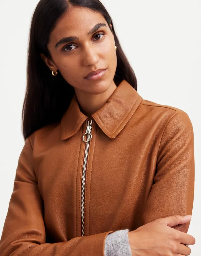 Women Coats Jackets Madewell Shrunken ZipFront Jacket In Leather Cinnamon Stick
