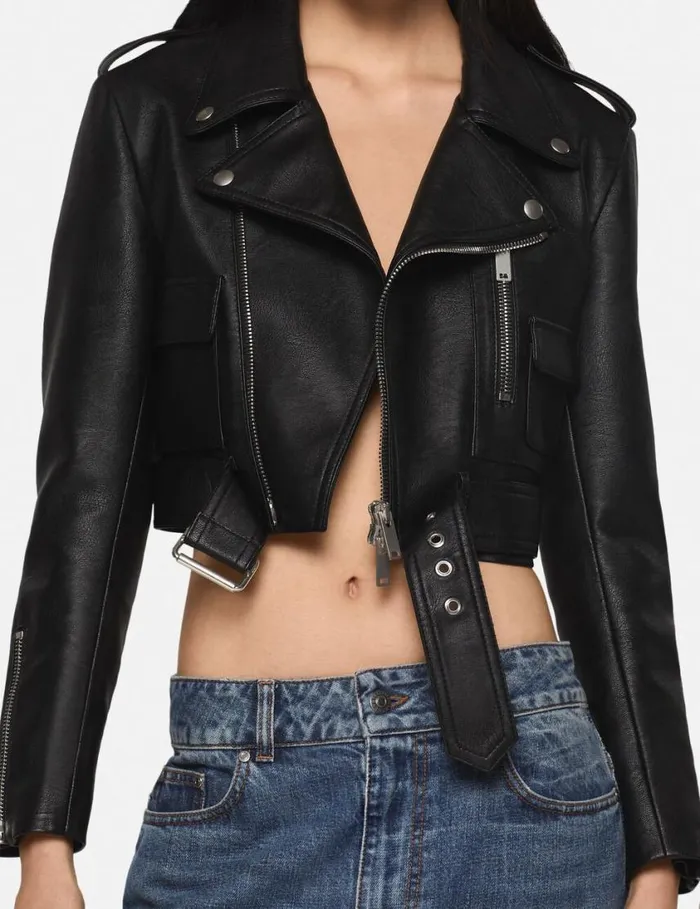 Women Cropped Alter Mat Biker Jacket Black Leather Stella McCartney Coats And Jackets