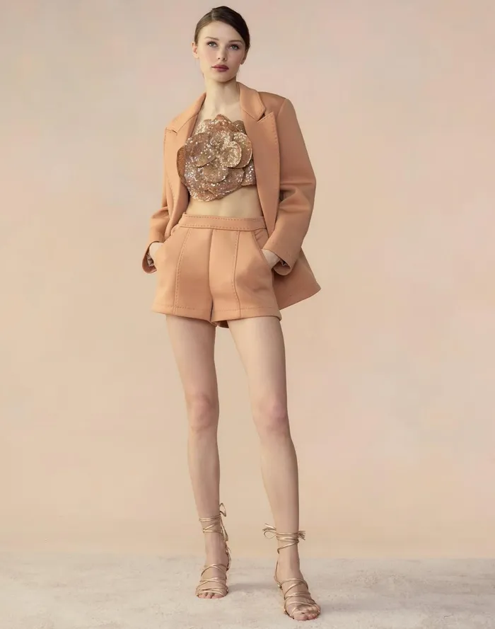 Women Cynthia Rowley Bottoms Bonded Pick Stitch Shorts Tan Women Cynthia Rowley Bottoms Bonded Pick Stitch Shorts Tan