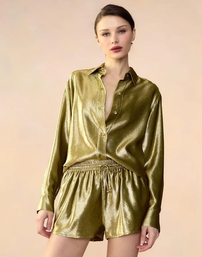 Women Cynthia Rowley Bottoms Liquid Gold Lam Shorts Green