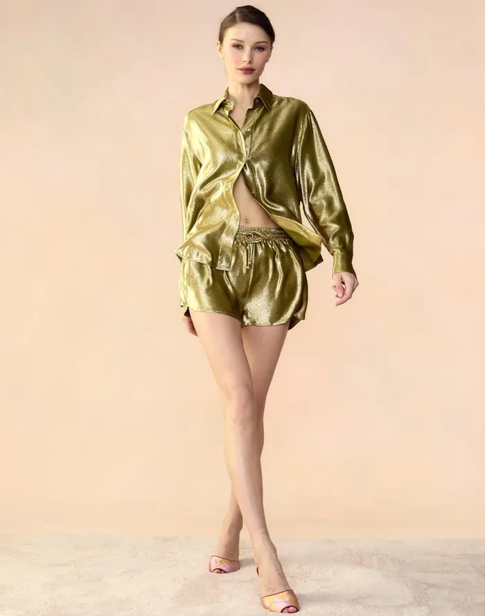 Women Cynthia Rowley Bottoms Liquid Gold Lam Shorts Green Women Cynthia Rowley Bottoms Liquid Gold Lam Shorts Green