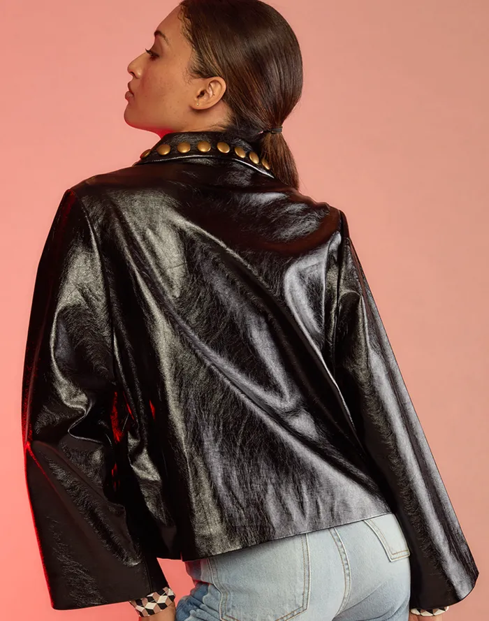 Women Cynthia Rowley Outerwear Studded Vegan Leather Jacket Black Women Cynthia Rowley Outerwear Studded Vegan Leather Jacket Black