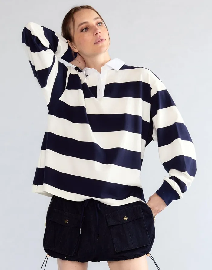 Women Cynthia Rowley Tops Ardie Striped Rugby Shirt Nvywht