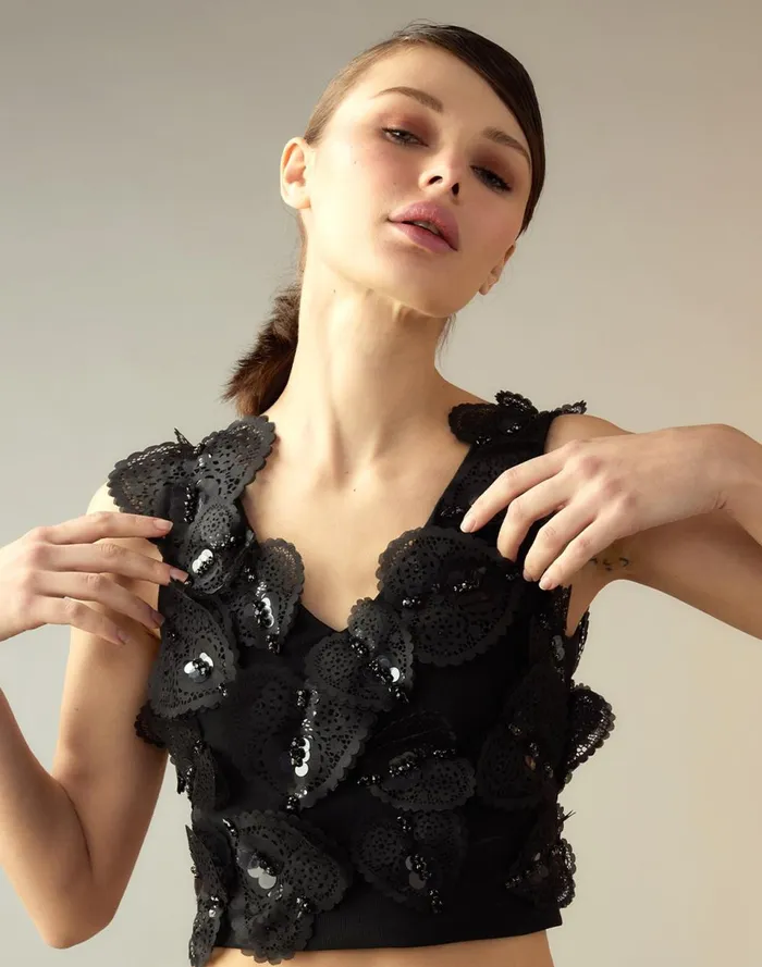 Women Cynthia Rowley Tops Elle Embellished Hearts Top Black