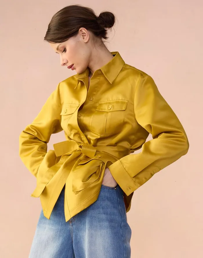 Women Cynthia Rowley Tops Satin Safari Jacket Gldylw Women Cynthia Rowley Tops Satin Safari Jacket Gldylw
