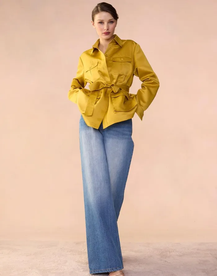 Women Cynthia Rowley Tops Satin Safari Jacket Gldylw Women Cynthia Rowley Tops Satin Safari Jacket Gldylw