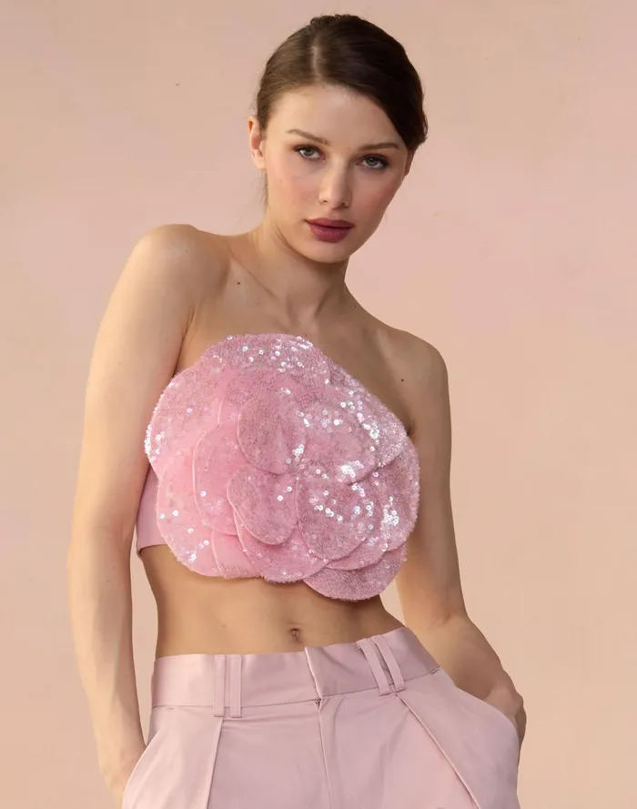 Women Cynthia Rowley Tops Sequin Flower Bandeau Ltpnk