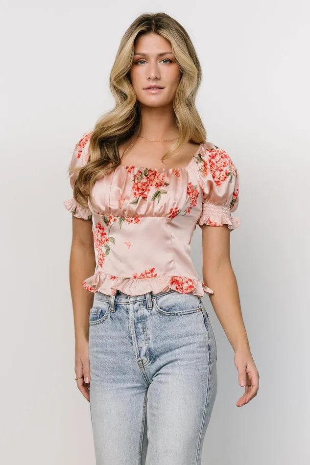 Women Cynthia Satin Crop Top Blush Floral Baltic Born Blouses and Shirts