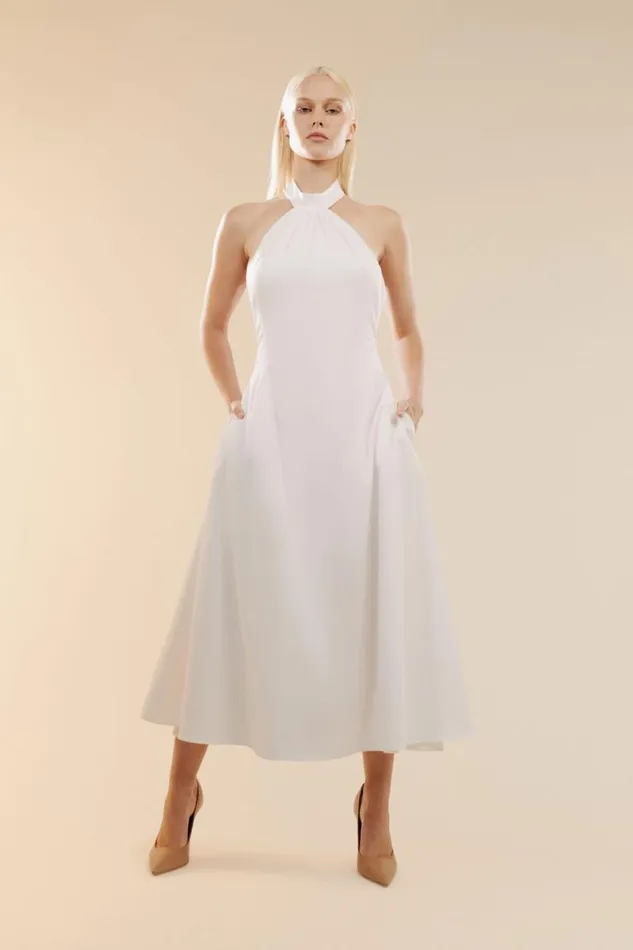 Women Day To Night Dresses Bardot Genevieve Poplin Midi Dress In Orchid White Orchid White