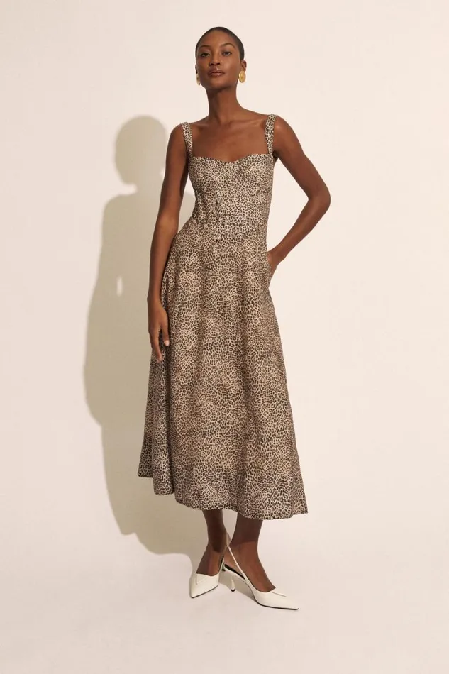 Women Day To Night Dresses Bardot Lilah Corset Midi Dress In Brown Leopard Brown Leopard
