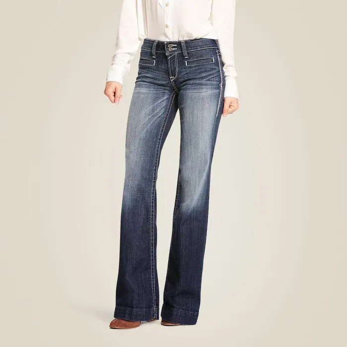 Women Denim Ariat Trouser Mid Rise Stretch Entwined Wide Leg Jean Marine