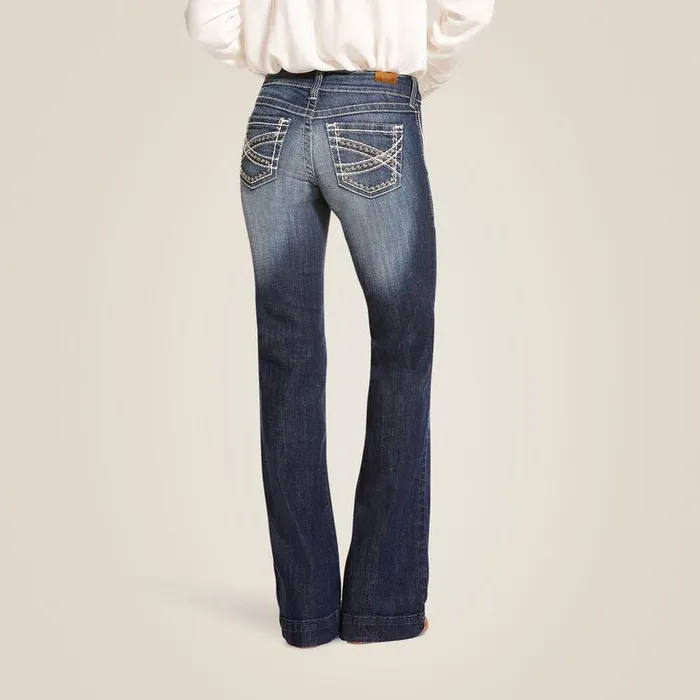 Women Denim Ariat Trouser Mid Rise Stretch Entwined Wide Leg Jean Marine