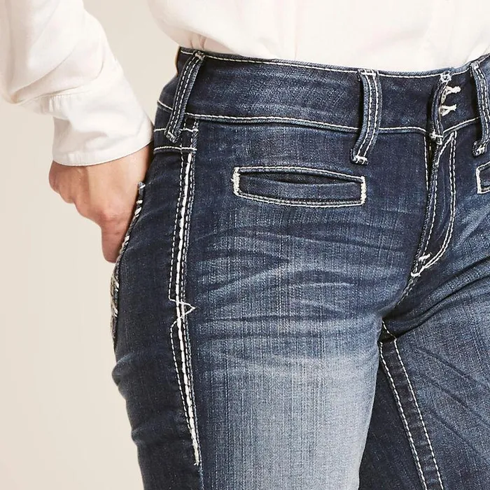 Women Denim Ariat Trouser Mid Rise Stretch Entwined Wide Leg Jean Marine