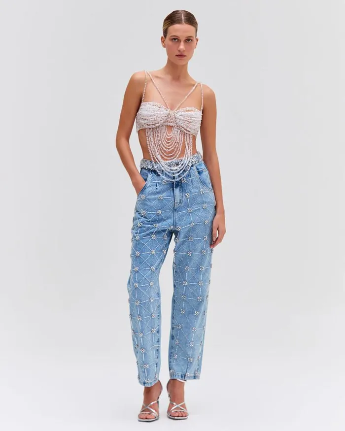 Women Denim PatBO HANDBEADED HIGH WAIST JEANS Denim