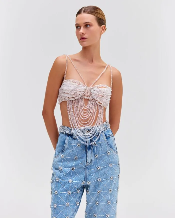Women Denim PatBO HANDBEADED HIGH WAIST JEANS Denim