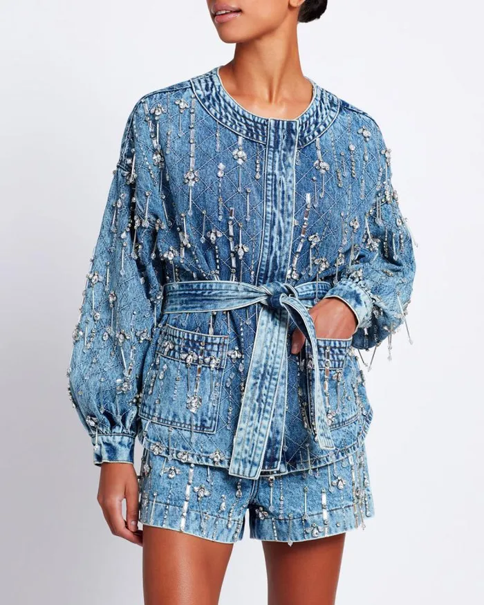 Women Denim PatBO Rhinestone Beaded Jacket FINAL SALE Denim