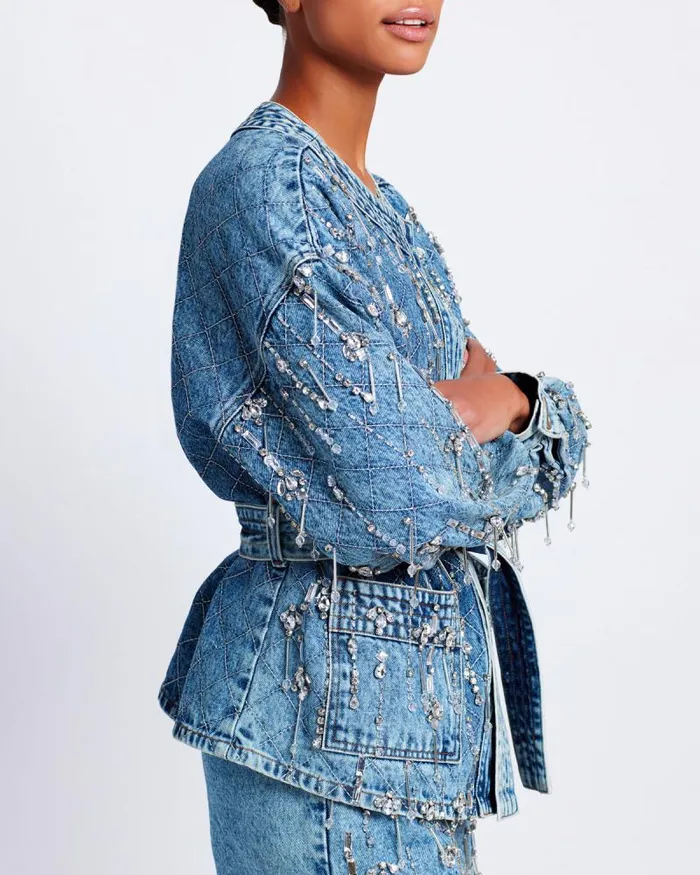 Women Denim PatBO Rhinestone Beaded Jacket FINAL SALE Denim