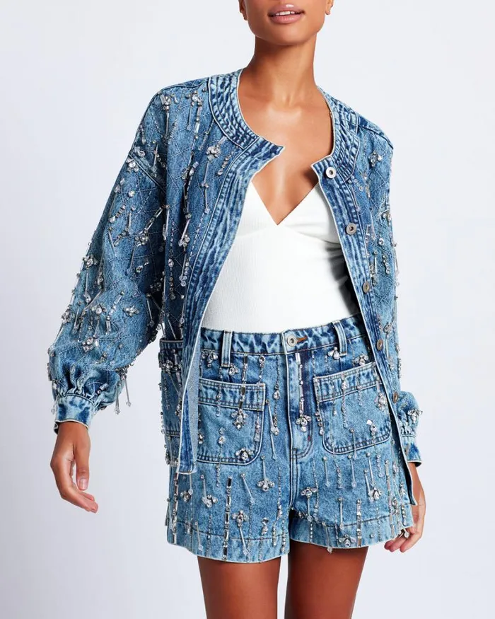 Women Denim PatBO Rhinestone Beaded Jacket FINAL SALE Denim