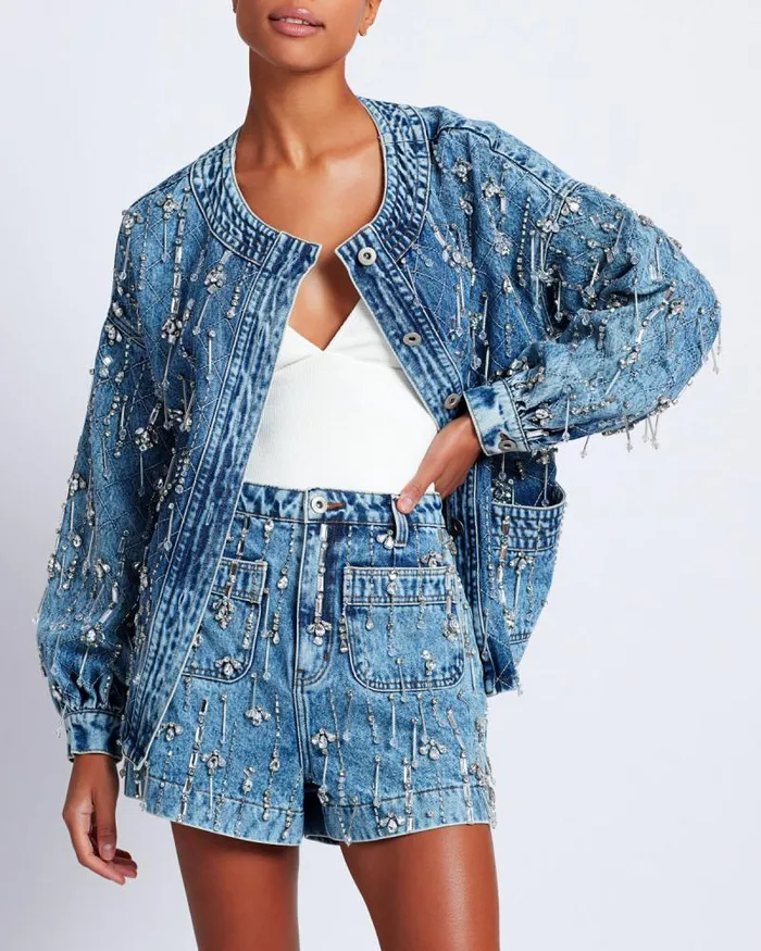 Women Denim PatBO Rhinestone Beaded Jacket FINAL SALE Denim