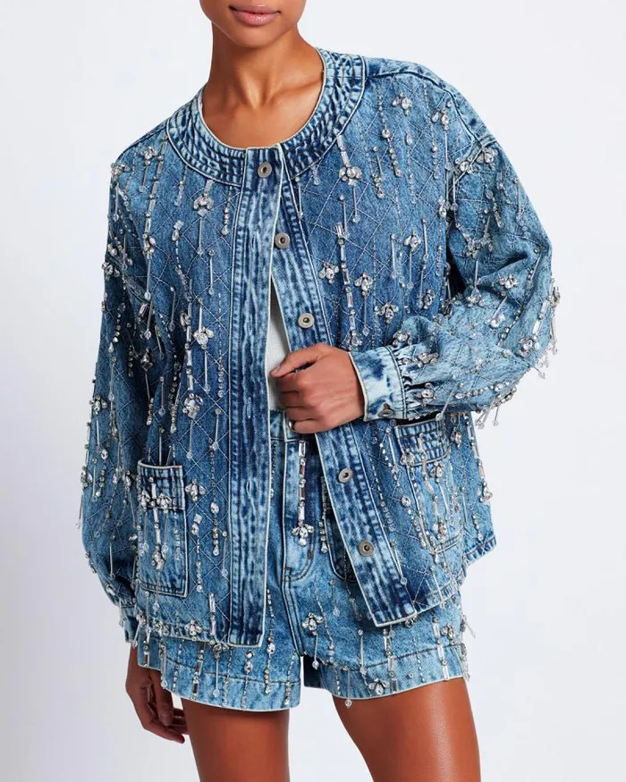 Women Denim PatBO Rhinestone Beaded Jacket FINAL SALE Denim