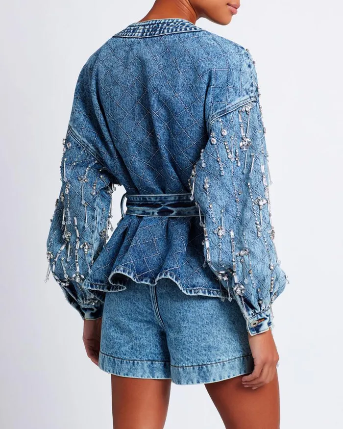 Women Denim PatBO Rhinestone Beaded Jacket FINAL SALE Denim
