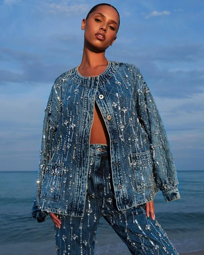 Women Denim PatBO Rhinestone Beaded Jacket FINAL SALE Denim