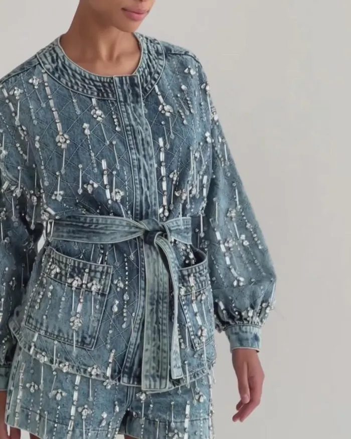 Women Denim PatBO Rhinestone Beaded Jacket FINAL SALE Denim