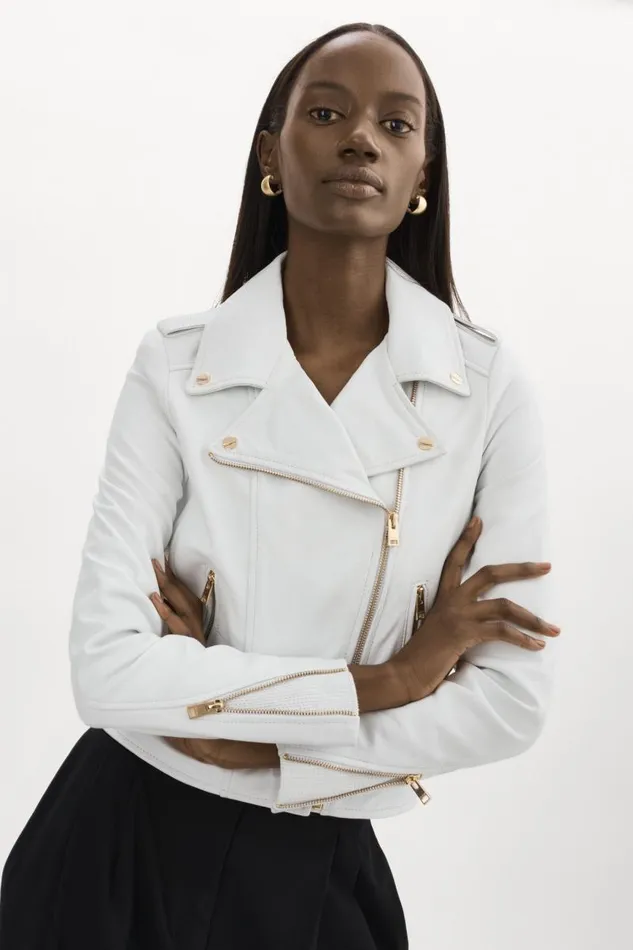 Women DONNA GOLD Iconic Leather Biker Jacket White LAMARQUE Leather Jackets