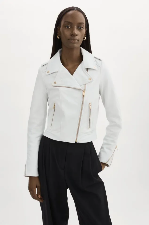 Women DONNA GOLD Iconic Leather Biker Jacket White LAMARQUE Leather Jackets