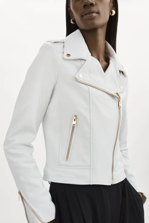 Women DONNA GOLD Iconic Leather Biker Jacket White LAMARQUE Leather Jackets
