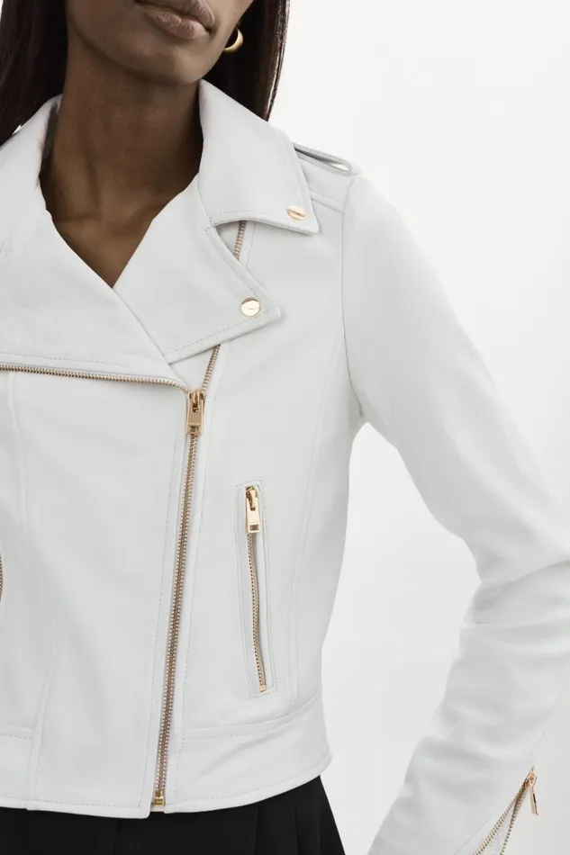 Women DONNA GOLD Iconic Leather Biker Jacket White LAMARQUE Leather Jackets