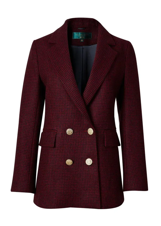 Women Double Breasted Blazer Deep Red Houndstooth Holland Cooper Tailoring