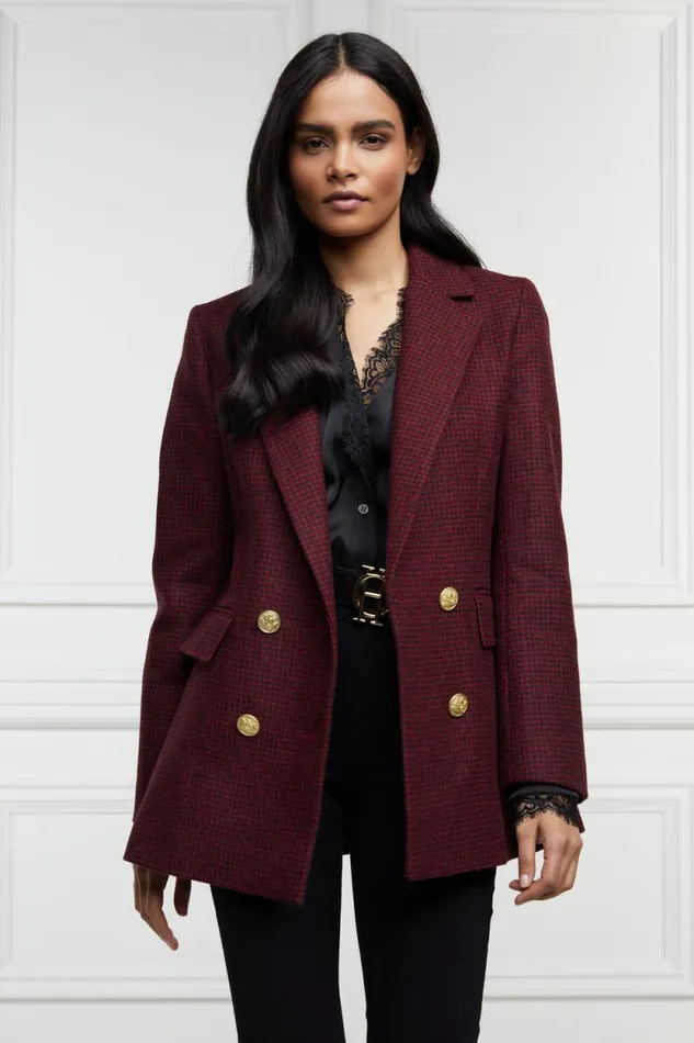 Women Double Breasted Blazer Deep Red Houndstooth Holland Cooper Tailoring