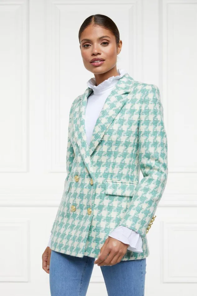 Women Double Breasted Blazer Large Scale Teal Houndstooth Holland Cooper Tailoring