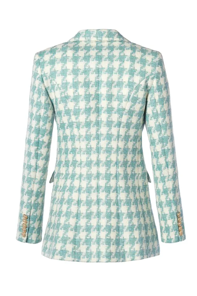 Women Double Breasted Blazer Large Scale Teal Houndstooth Holland Cooper Tailoring