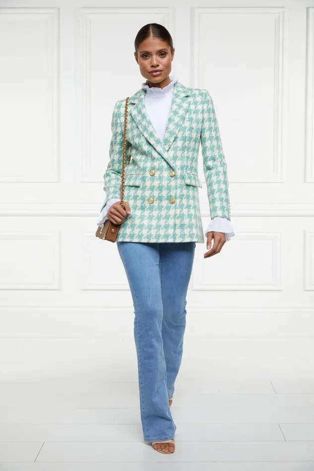 Women Double Breasted Blazer Large Scale Teal Houndstooth Holland Cooper Tailoring