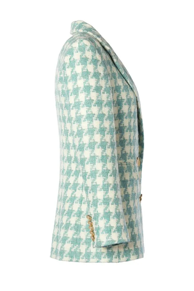 Women Double Breasted Blazer Large Scale Teal Houndstooth Holland Cooper Tailoring