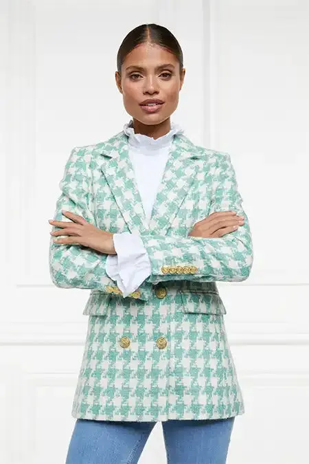 Women Double Breasted Blazer Large Scale Teal Houndstooth Holland Cooper Tailoring
