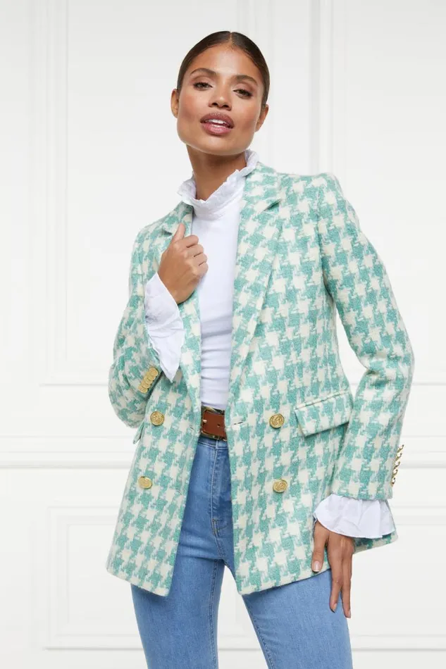 Women Double Breasted Blazer Large Scale Teal Houndstooth Holland Cooper Tailoring