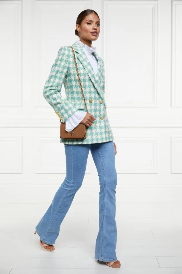 Women Double Breasted Blazer Large Scale Teal Houndstooth Holland Cooper Tailoring