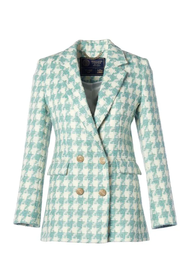 Women Double Breasted Blazer Large Scale Teal Houndstooth Holland Cooper Tailoring