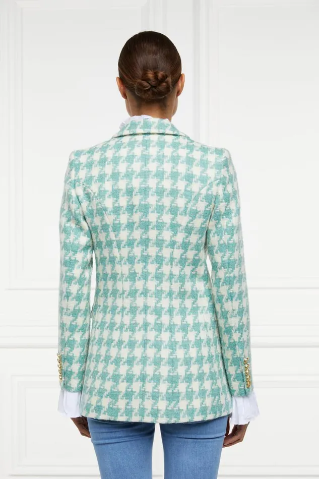 Women Double Breasted Blazer Large Scale Teal Houndstooth Holland Cooper Tailoring