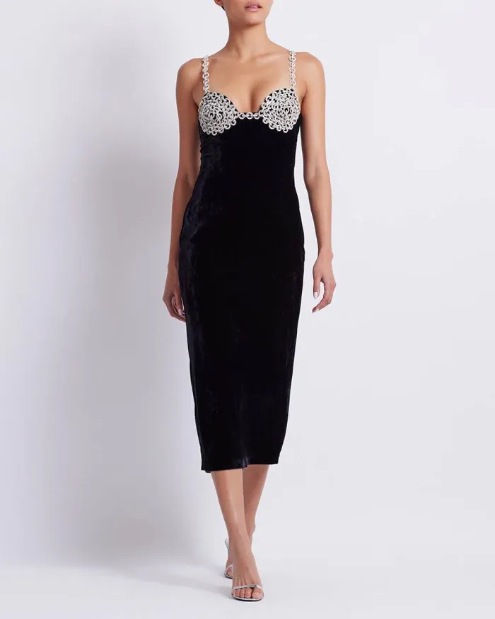 Women Dresses and Jumpsuits PatBO Crystal Chain Velvet Midi Dress FINAL SALE Black