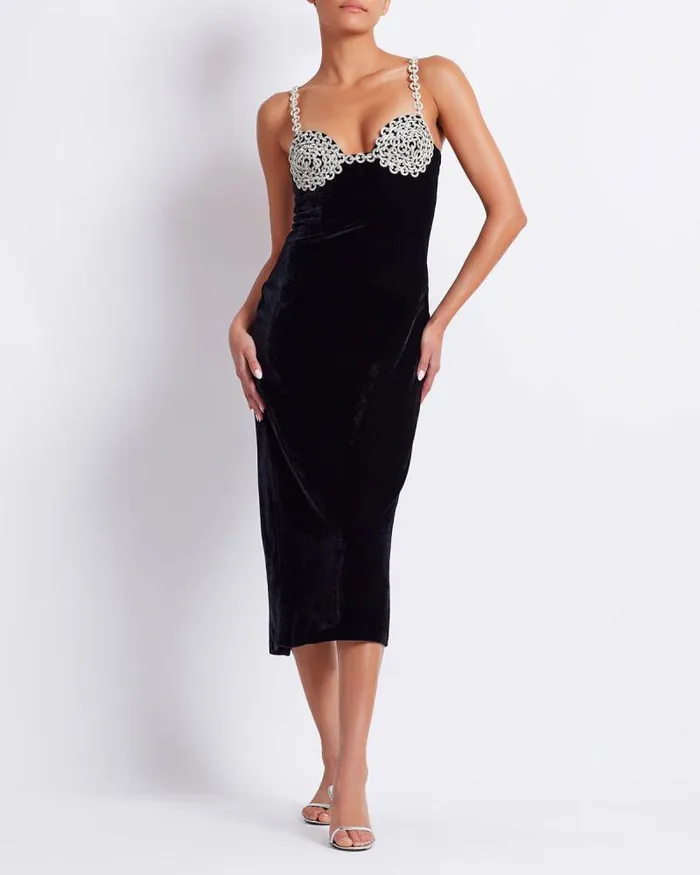 Women Dresses and Jumpsuits PatBO Crystal Chain Velvet Midi Dress FINAL SALE Black
