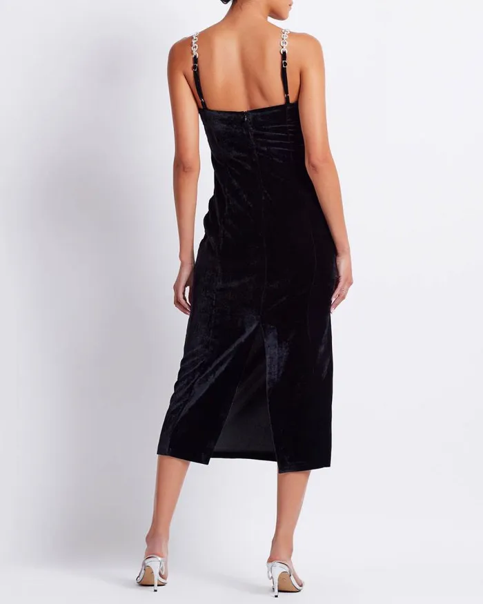 Women Dresses and Jumpsuits PatBO Crystal Chain Velvet Midi Dress FINAL SALE Black