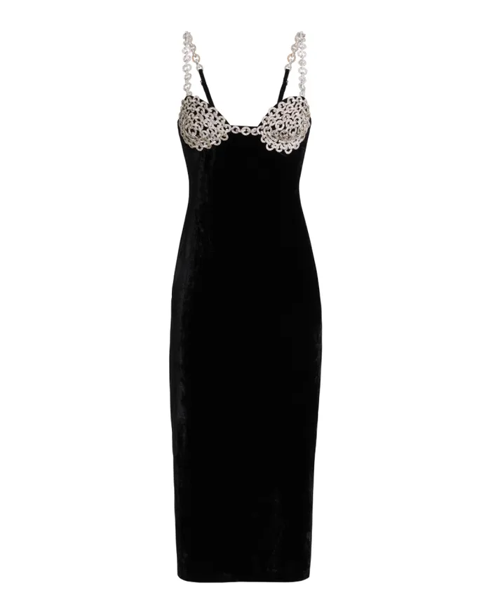 Women Dresses and Jumpsuits PatBO Crystal Chain Velvet Midi Dress FINAL SALE Black