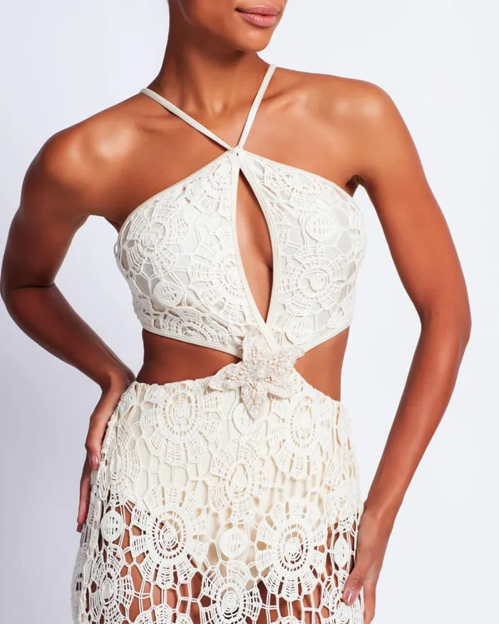 Women Dresses and Jumpsuits PatBO Embroidered Crochet Halterneck Dress Wheat