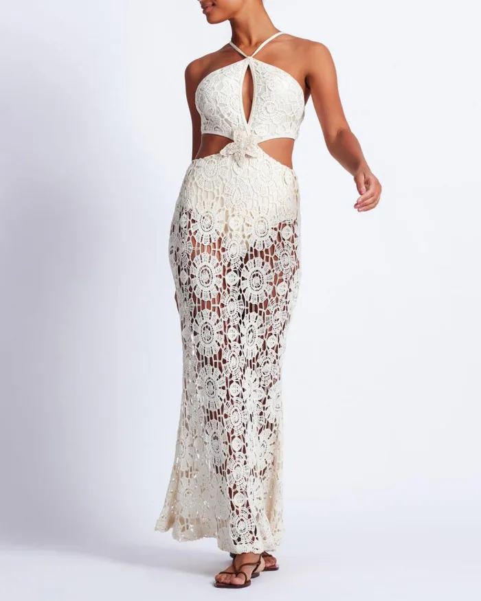 Women Dresses and Jumpsuits PatBO Embroidered Crochet Halterneck Dress Wheat